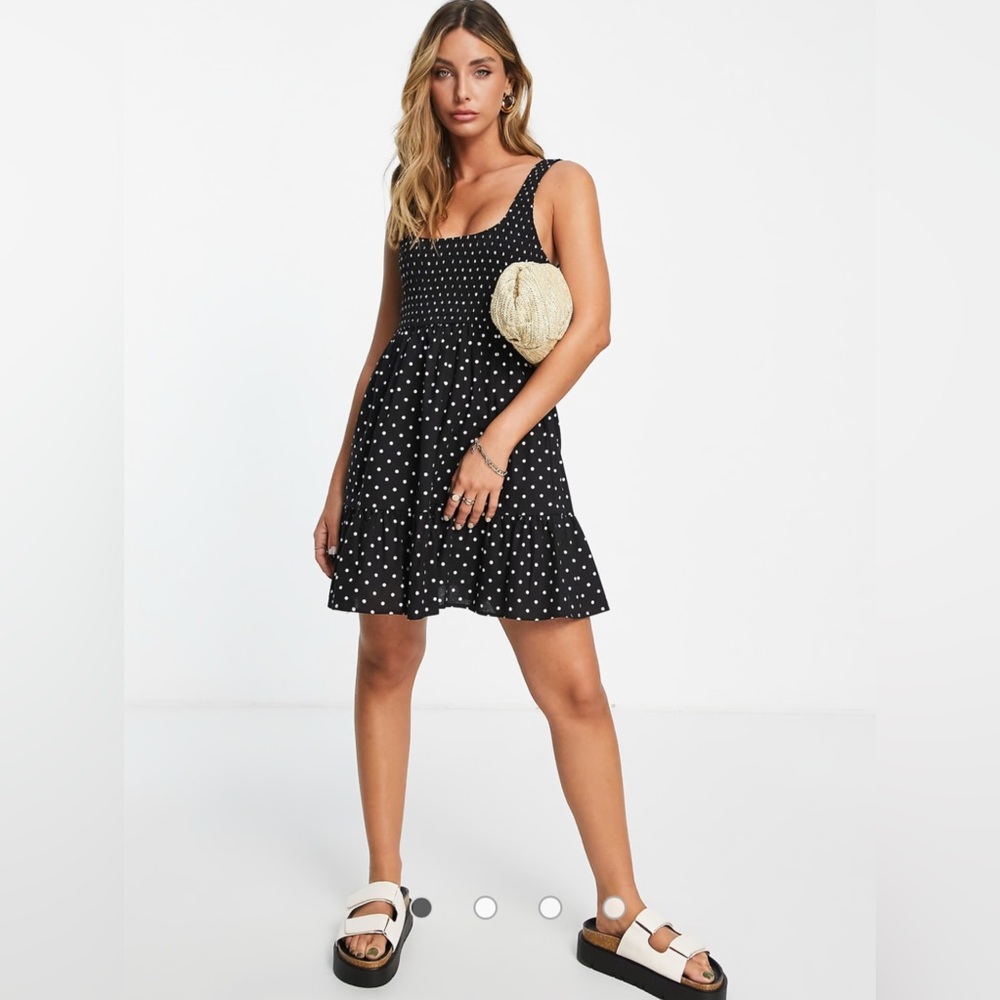 ASOS DESIGN shirred mini sundress with tiers in mono spot print